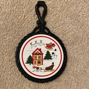 Vintage  Black Cast Iron Trivet with ceramic tile Holiday Scene